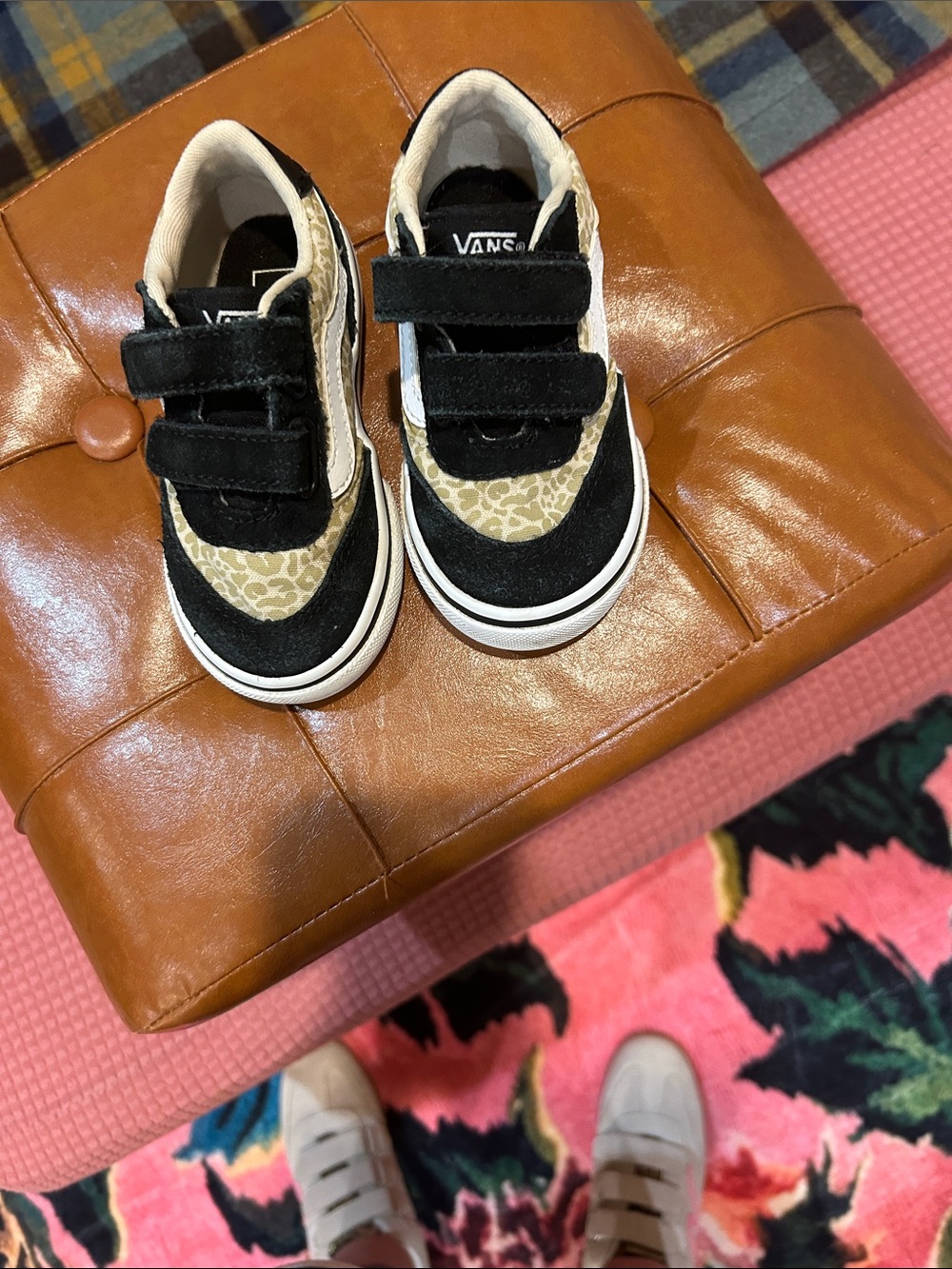 Vans Kids Black and Beige Velcro Leopard-Accent Sneakers